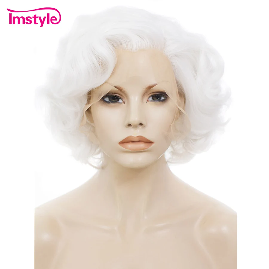 

Imstyle White Lace Front Wigs Synthetic Hair For Women Short Wig Heat Resistant Fiber Natural Wavy 10 inch Cosplay Part Wig