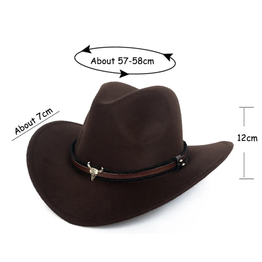 

Ox Head Unisex Western Cowboy Woolen Hat Wide Brim Fedora Jazz Cap with Strap Beach Sun Hat Couple Big Brim Hat Bowler Hats Men