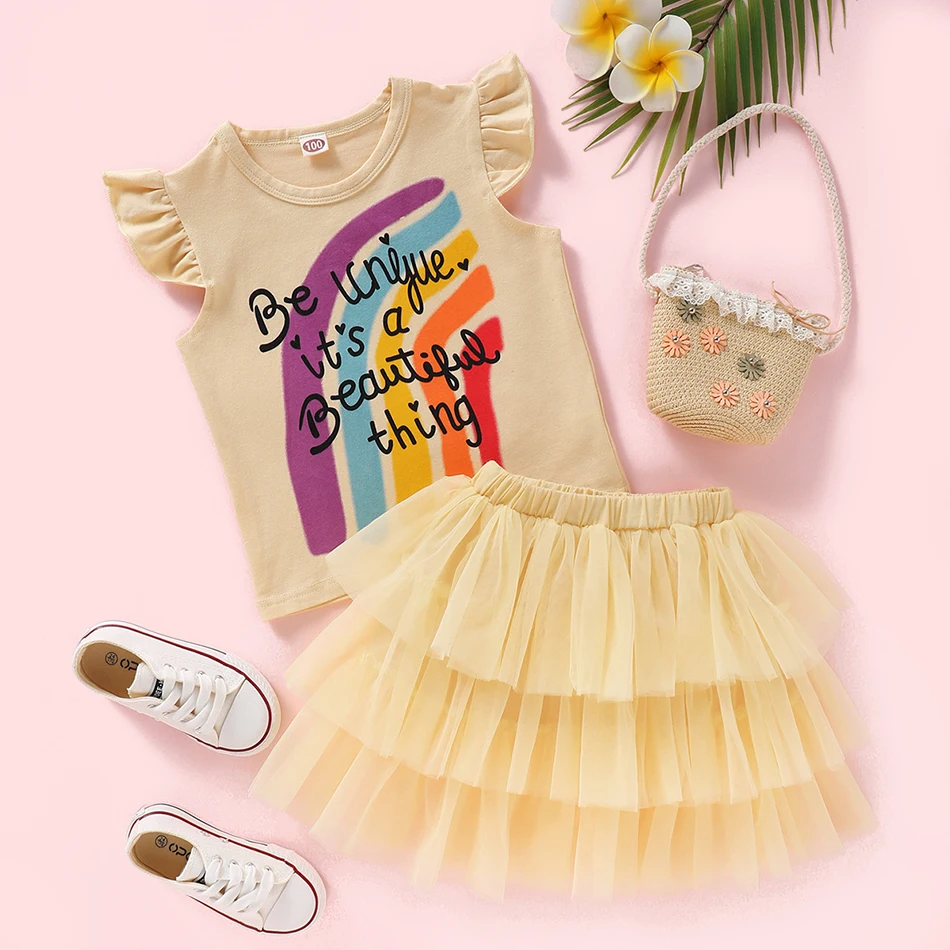 

European And American Style Flying Sleeve Letter Print Rainbow T-Shirt + Solid Tutu Dress Child Girl Summer Clothing Set