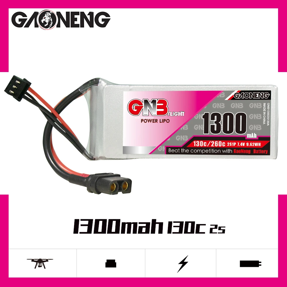 

Gaoneng GNB 1300mAh 2S1P 7.4V 130C/260C Lipo Battery With XT30 XT60 Plug For RC Helicopter Quadcopter FPV Racing Drone Parts