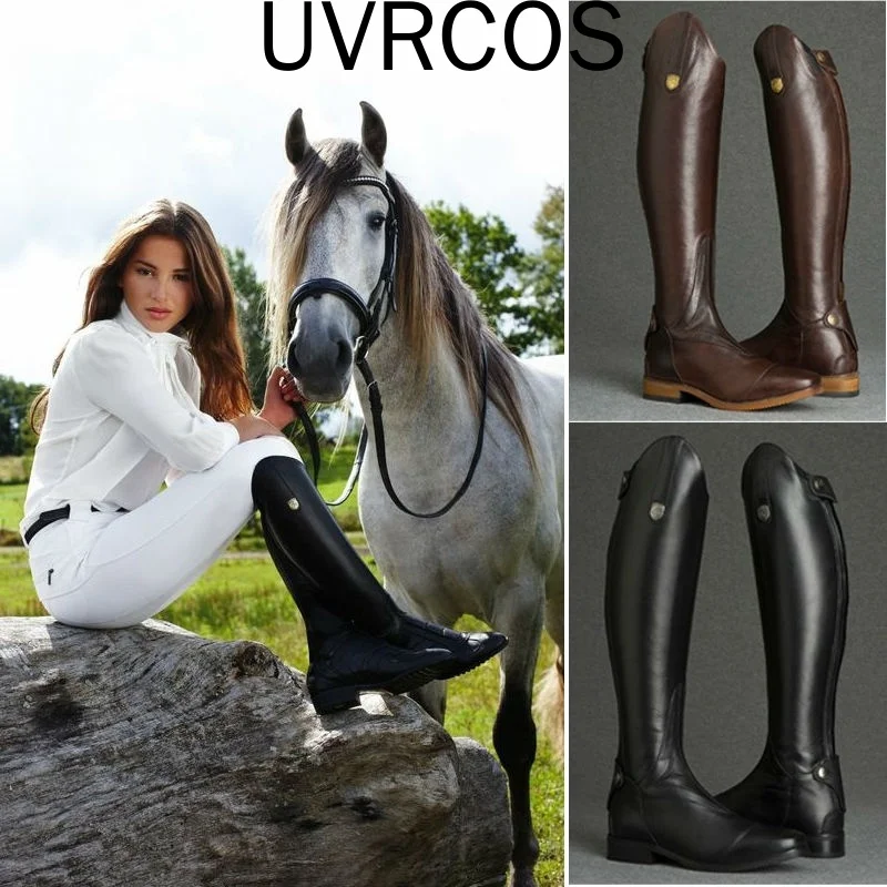 Женские кожаные сапоги до колена теплые из гладкой кожи для верховой езды