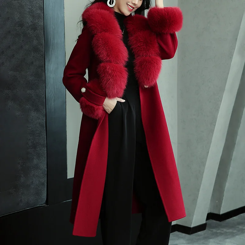 Winter Autumn Women's Classic Double-Faced Wool Coat Real Fox Fur Collar Cuff Woolen Female Jacket Belt S3664 | Женская одежда