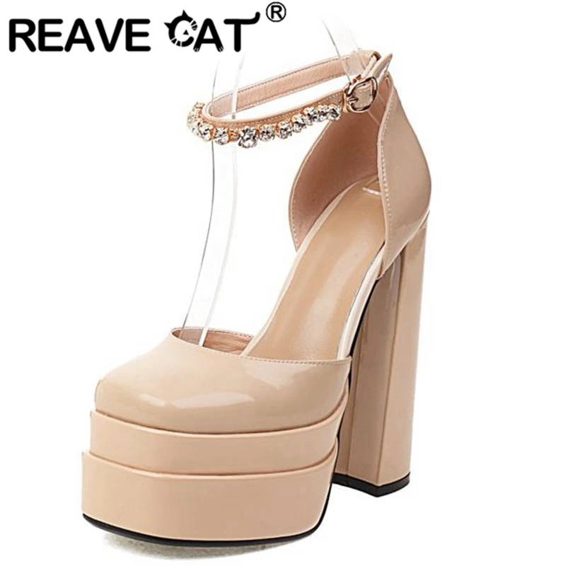 

Женские туфли-лодочки на квадратном каблуке REAVE CAT, весенние туфли из натуральной кожи больших размеров 33-43 стразы, черные, красные, бежевые т...