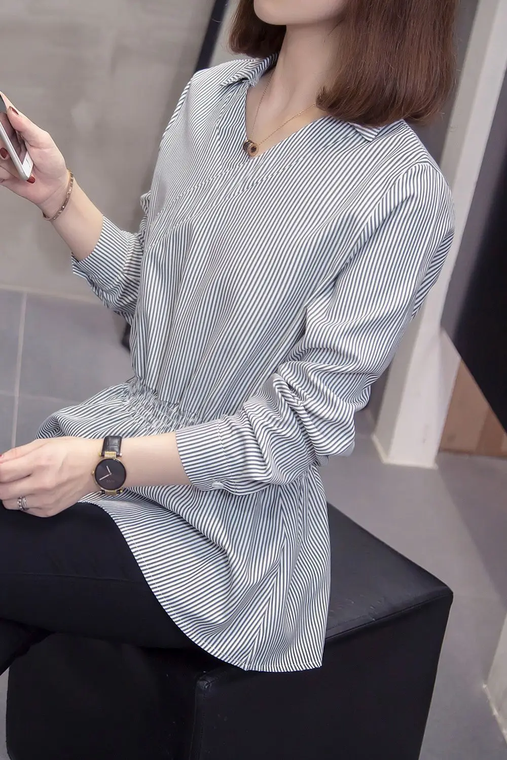

COIGARSAM 4XL Plus Size Casual Full Sleeve blouse women New Spring blusas womens tops and blouses Blue Black 2814