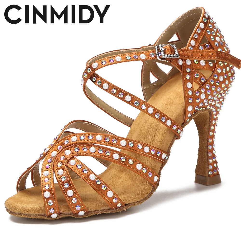 CINMIDY Pearl Decoration Women Latin Dance Shoes Tango Jazz Dance Training Shoes Ladys Girls Rhinestones High Dance Heels