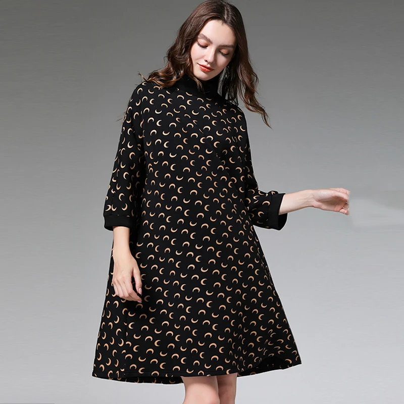 Осеннее модное платье с воздушным слоем и принтом водолазка свободное осеннее