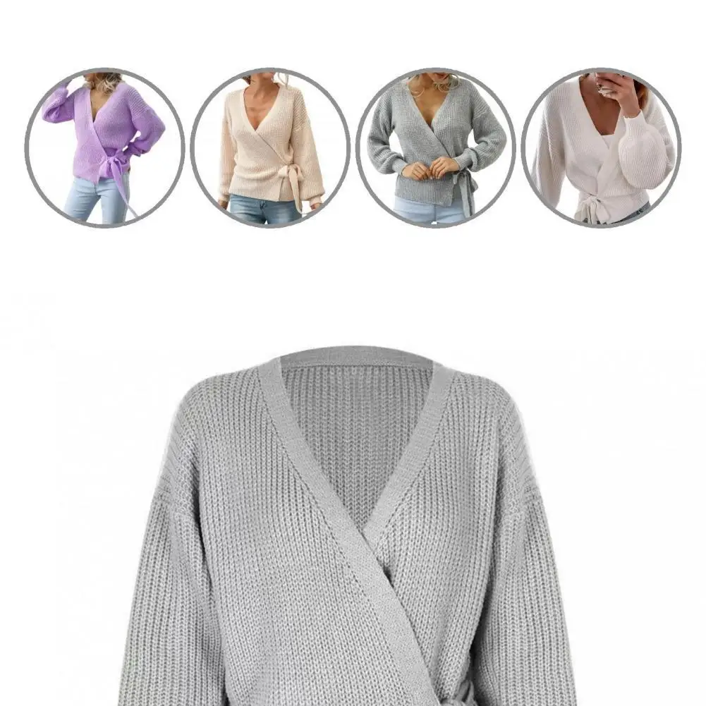 

Autumn Winter Trendy Lace Up Thick Knitted Top Women Short Sweater Lace Up for Work