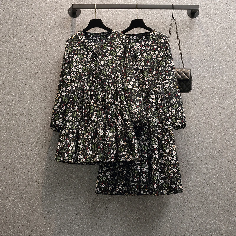 

4XL Plus Size Women Chiffon Floral Dresses Spring 2021 Long Sleeve High Waist Loose Casual A-Line Print Ruffle Shirt Dress