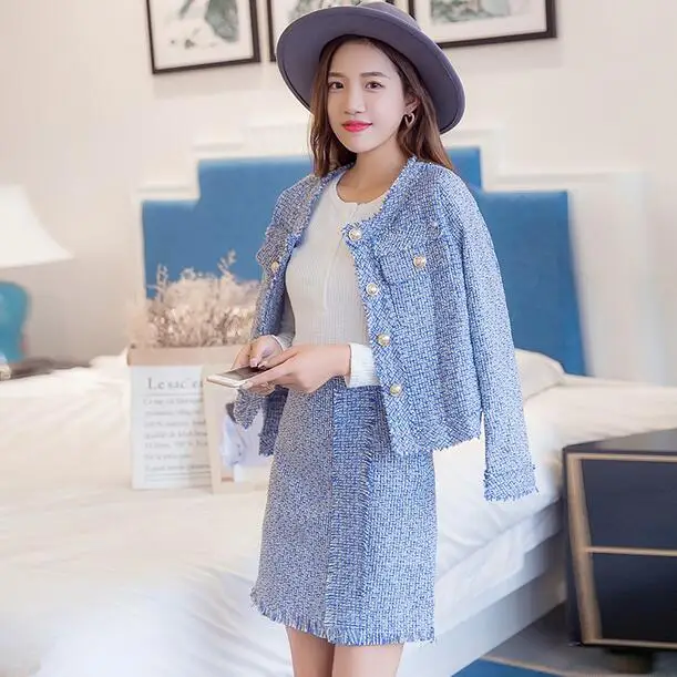 Осенне зимний комплект для подиума синего цвета Женский однобортный шерстяной