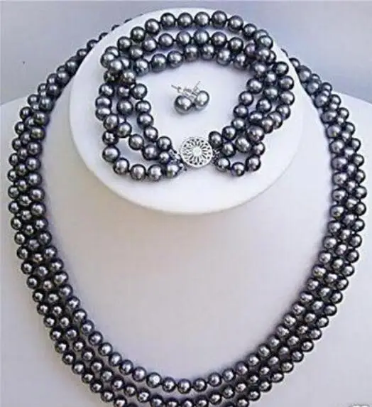Набор ювелирных жемчужин 3 ряда натуральный культивированный черный жемчуг