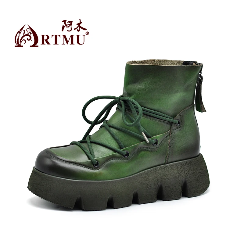 

Женские ботинки на платформе Artmu, ботильоны из натуральной кожи с круглым носком, на молнии, на шнуровке, ручная работа, лаконичные удобные д...