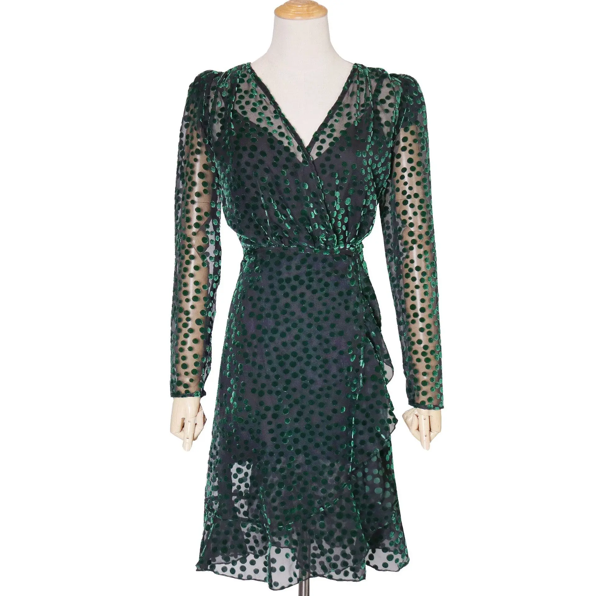 

Early temperament hot sale sexy v-neck long sleeve pleated wave dot pattern perspective dress skirt women