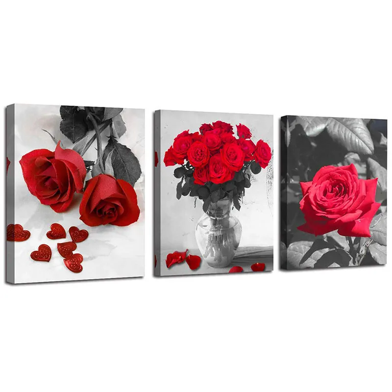 3 Панели цветы холст искусство на стену красная роза рисунок черно белая живопись