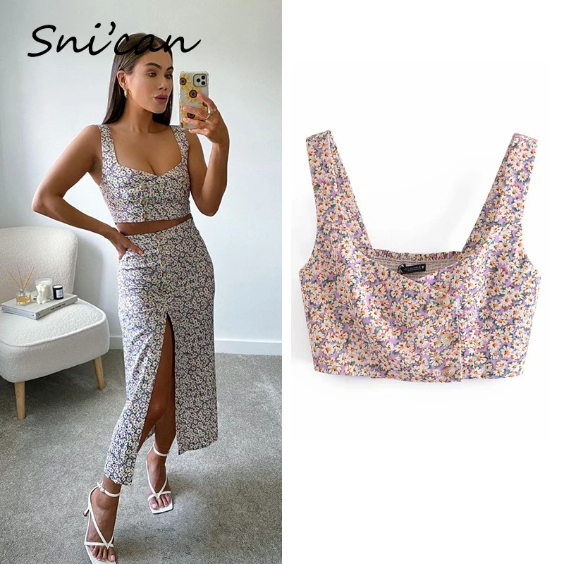 

Snican Summer Floral Print Vest Camis Sexy Crop Chic Tops Za Women 2021 Chemisier Femme опик женский Blouse Haut Chandails New