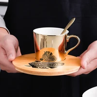 plating mirror reflection ceramic coffee mugs with wood dish tea cups creative drinkware send gift box