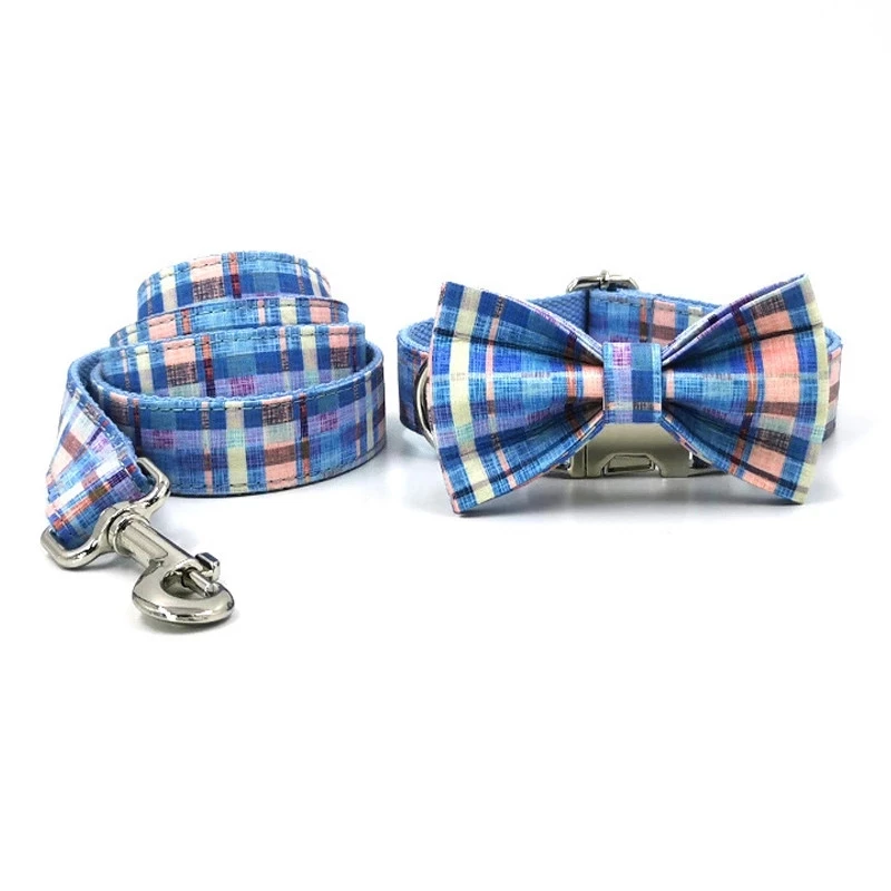 

Personalized Name ID Dog Collar and Leash Set Blue Plaid Dog Collar with Bow Designer Metal Buckle Quick Release Puppy Small Big