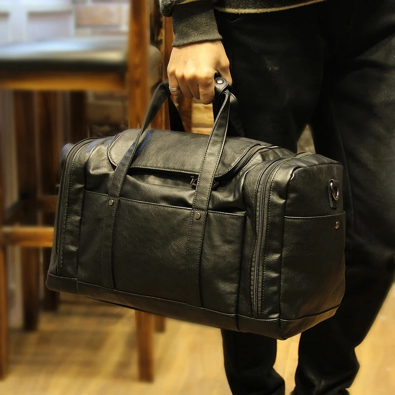 Men's  PU Leather Large Capacity Luxury Travel Bags Black Casual  Leather Sports Vintage Handbags Shoulder Messenger Luggage Bag