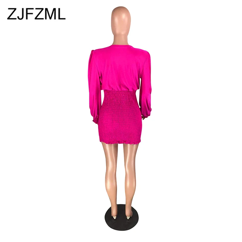 

High Elastic Elegant Pleated Mini Dress Women Deep V Neck Full Sleeve Bandage Dress Autumn Winter Slim Fit Package Hip Dress
