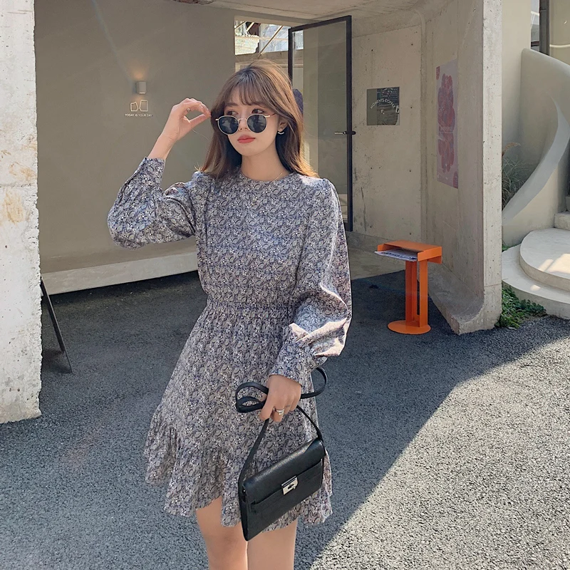 

Spring And Autumn New Retro Style Round Neck Long Sleeve Floral Dress Women's Tight Waist Chiffon A- Line Short Skirt Women