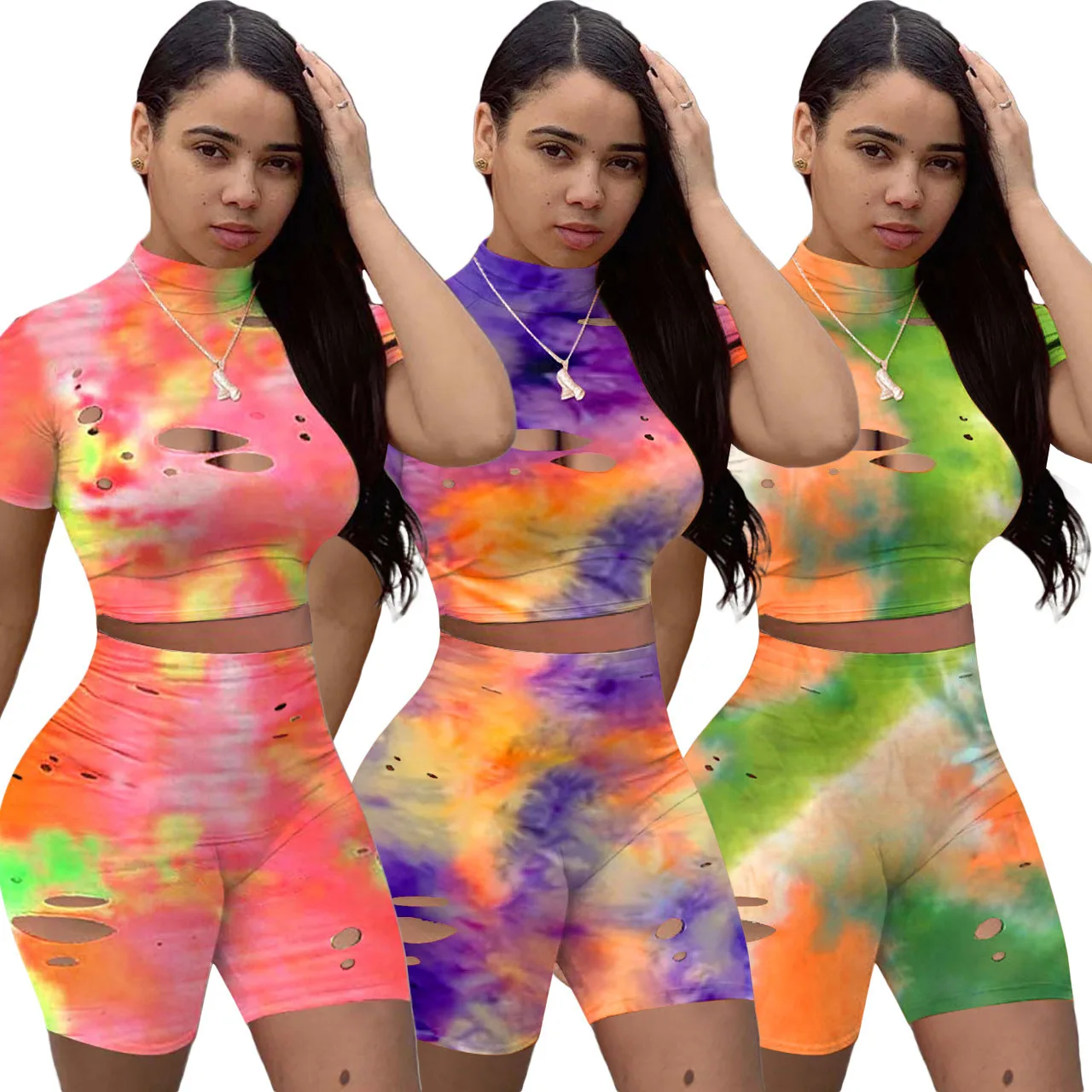 

Chiclover Summer Sporty Two Piece Set Women Wholesale Turtleneck Holed Top and Biker Shorts Tie Dye Sexy Tracksuit Dropshipping