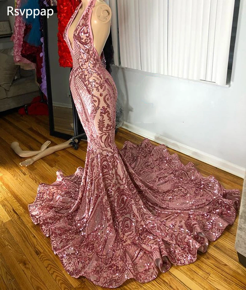 Sparkly Long Mermaid Prom Dresses 2020 Sexy Slim Rose Gold Sequined African Black Girls Party Dress For Women | Свадьбы и торжества