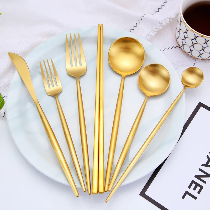 

Gold Cutlery Sets 18/10 Stainless Steel Forks Knives Spoons Dinner Dinnerware Set Fork Spoon Knife Chopsticks Set Dropshipping