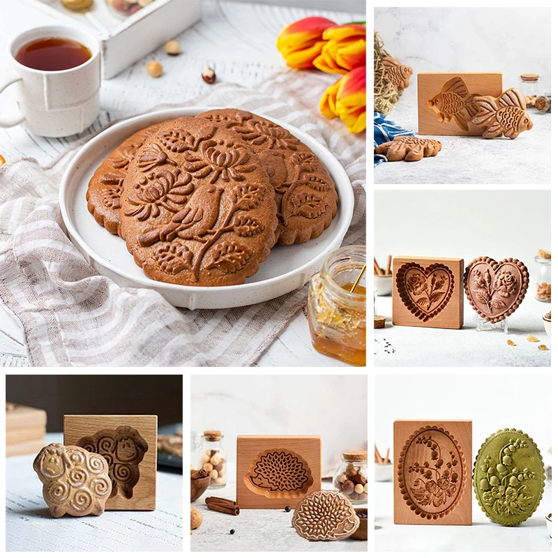 

Wooden Cookie Mold Cutter Wooden Gingerbread Cookie Moulds Press 3D Cake Embossing Baking Mold Rose Flower Cutter Bakery Gadgets