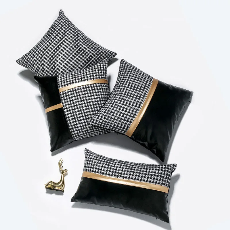 

Modern PU Houndstooth Cushion Cover Light Luxury Style Stitching Sofa Decorative Pillows Design Backrest Hug Lumbar Pillowcase