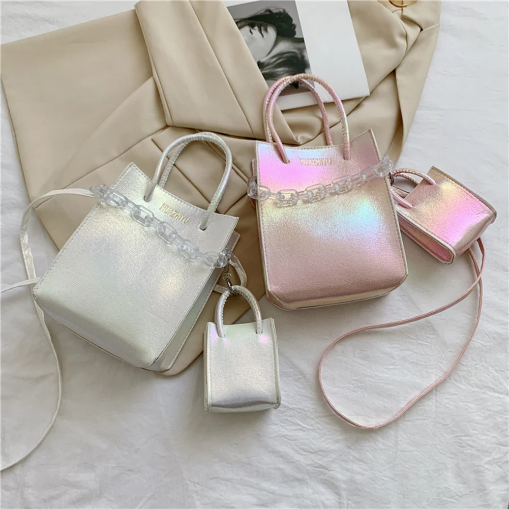 

Quality Women's Crossbody Bag Candy Color Laser Female Tote Bag PU Leather Composite Handbags with Acrylic Chain