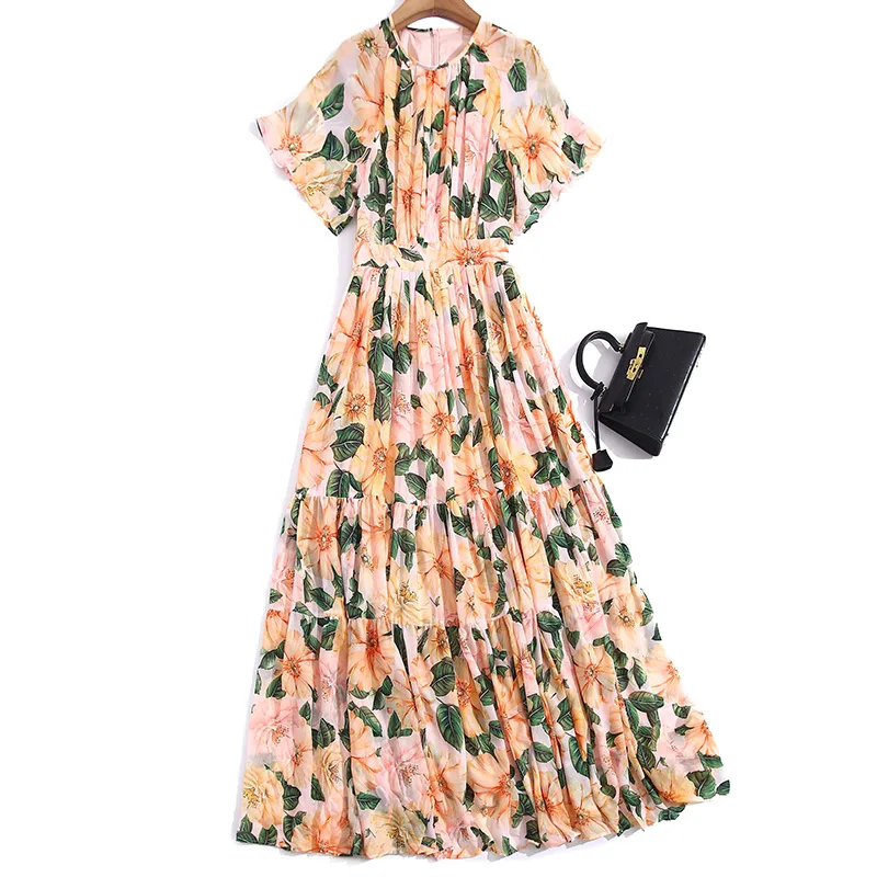 

sweet dress summer new fashion women's clothing round collar short sleeve cultivate morality printed chiffon dress