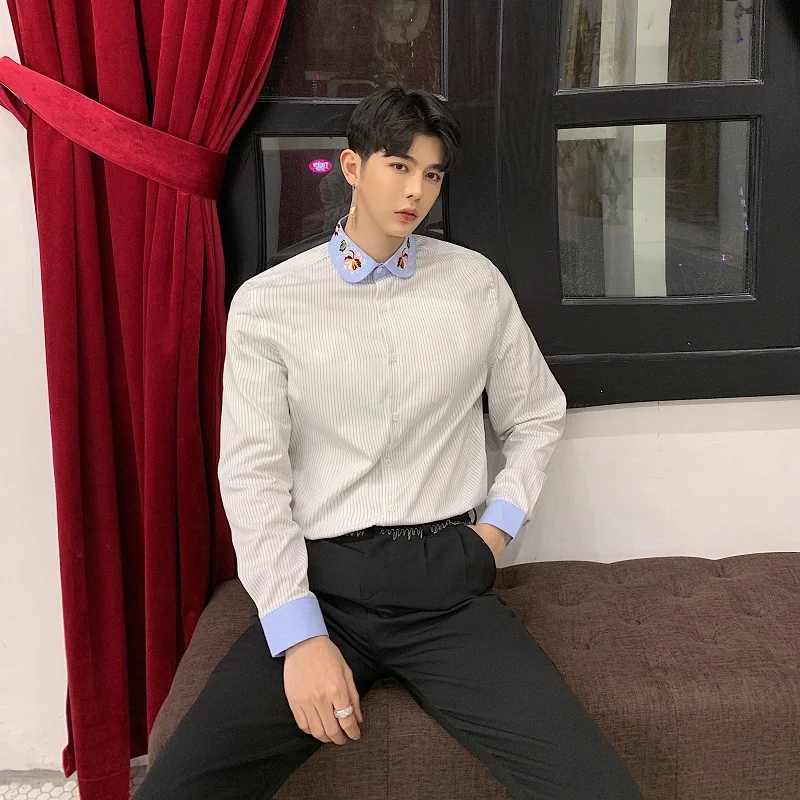 

Collar Long Sleeve Casual Shirt Couple Clothes Men's Stripe Embroidered Male Fashion Dress Shirts Harajuku Streetwear B70