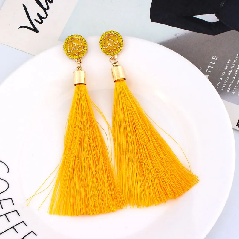 

Women Bohemian Crystal Long Tassel Dangle Earrings For Girl Red White Silk Fabric Drop Rose flower lotus Earring Fashion Jewelry