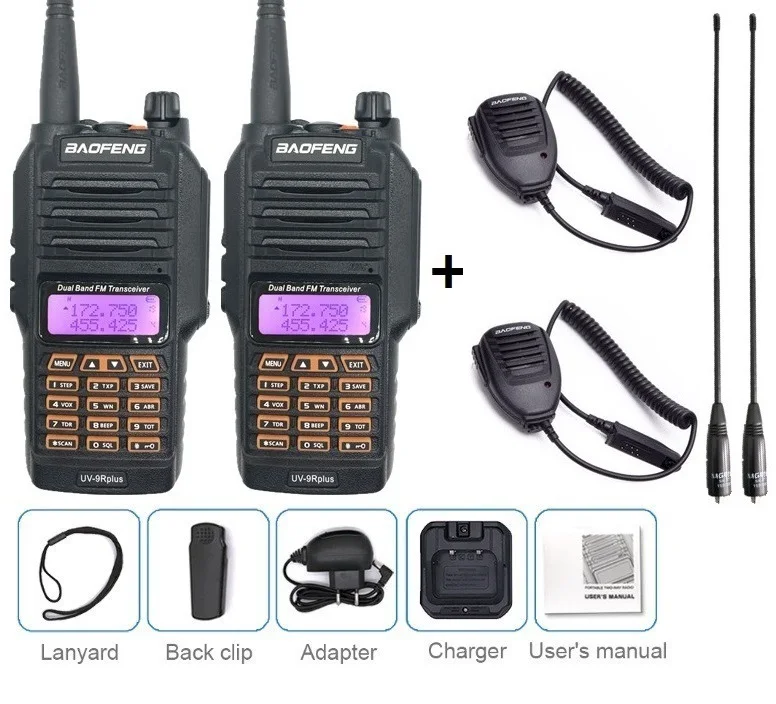 2 шт. BAOFENG UV-9R PLUS 10 Вт Высокая мощность портативная рация Водонепроницаемый VHF UHF Ham CB радио приемопередатчик сканер двухстороннее радио Охотник - Цвет: add MIC antenna