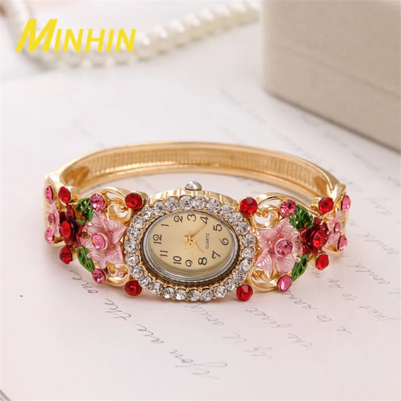 Роскошные женские часы бренд MINHIN браслет с цветком и кристаллами милый подарок