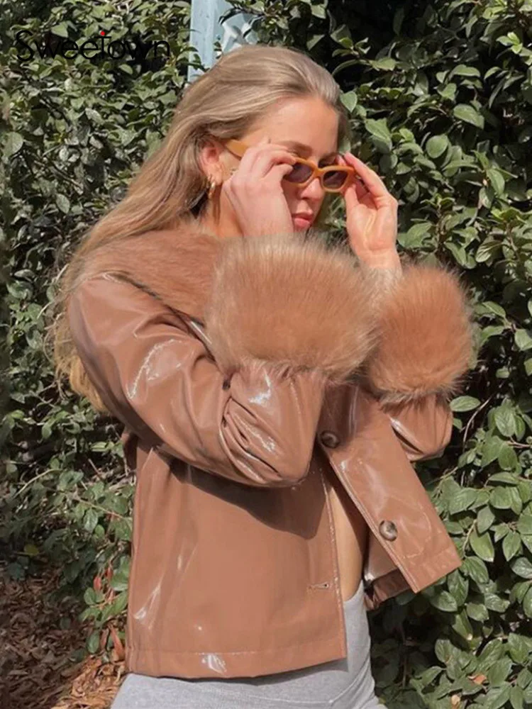 

Женская однобортная куртка из ПУ кожи, с воротником и манжетами