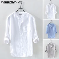 incerun men shirt cotton 34 sleeve stand collar harajuku tops solid color vintage brand shirts 2021 streetwear camisa masculina