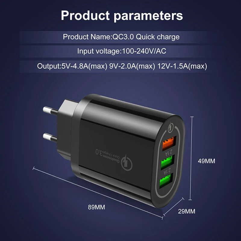 Зарядное устройство с 3 портами USB быстрая зарядка 5 В 2 4 А 18 Вт адаптер питания для