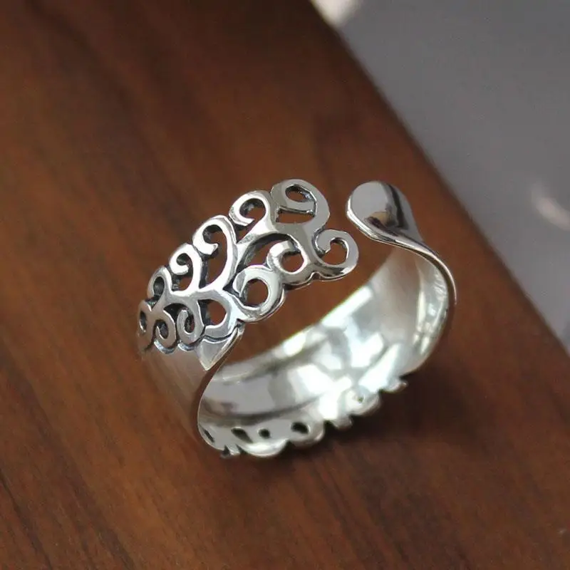 

Простое состаренное кольцо из стерлингового серебра S925 пробы в китайском стиле с полым узором, широкое индивидуальное модное универсально...