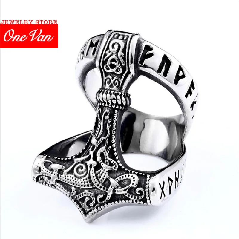

2020 Silver Color Stainless Steel Rings ManNordic Viking thunderhammer Ring Scandinavian Pagan Norse Amulet Hot Sale Men Ring
