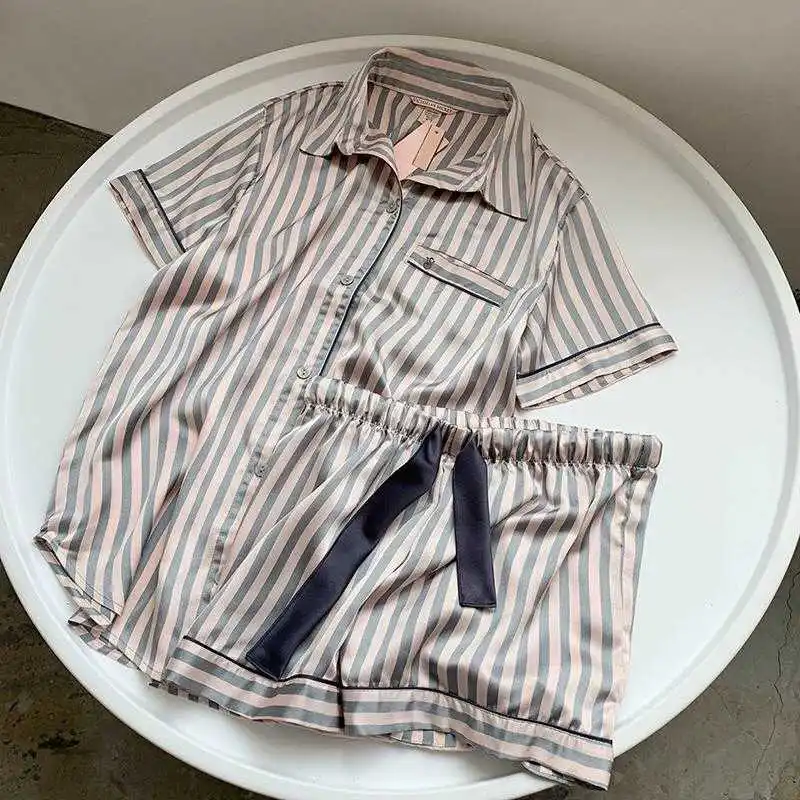 Новинка 2020 пижама из шелка в розовую полоску женская одежда для сна домашняя двух