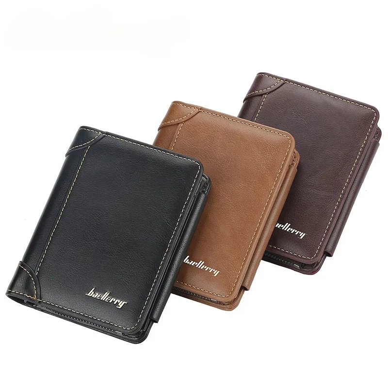 

Quality Leather Men Wallet Coin Purse Casual Mini Card Holder Male Purses Solid Pocket Three Fold Zipper Mens Clutch Wallets