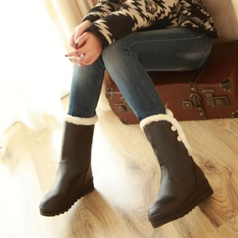 

RIZABINA Size 34-42 Women Mid Calf Boots Flats Slip On Round Toe Shoes Plush Fur Warm Boots Winter Fashion Women Party Footwear