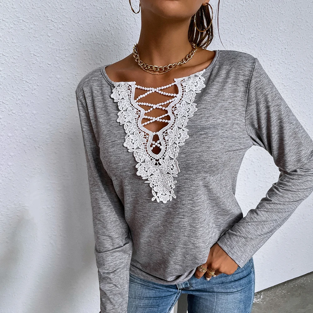 

FridayIn New Autumn Women's Casual Hollow Loose Long-Sleeved Tops Lady V-neck Splicing Pullover Pure Color Casual T-shirt Female
