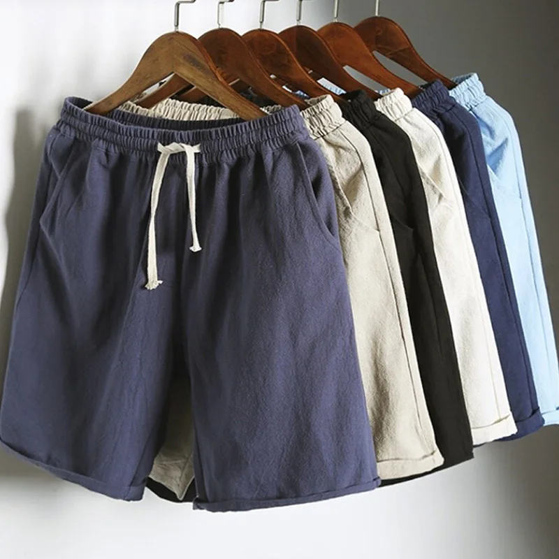 

Мужские летние шорты из хлопка и льна, одноцветные шорты с завязками на талии, повседневные шорты-OPK