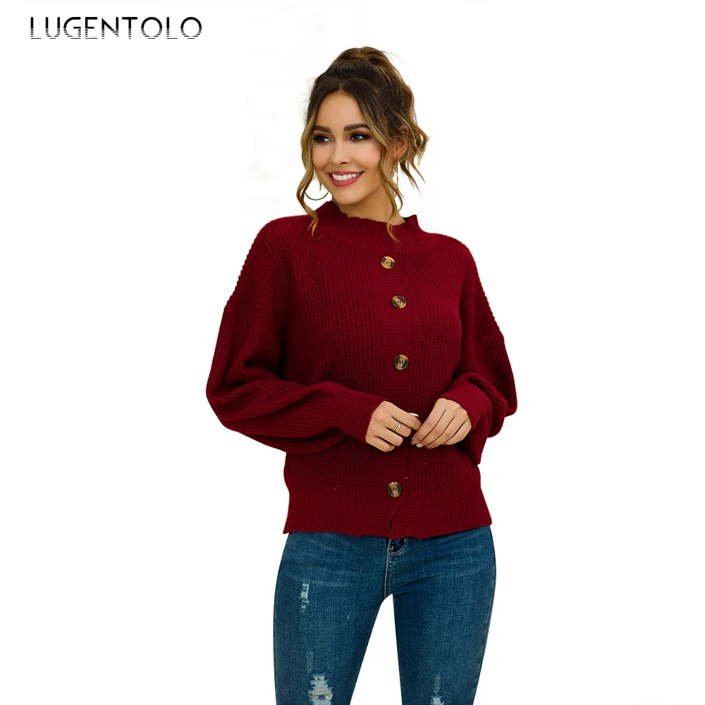 Lugentolo Women Sweater Loose Casual Autumn Winter Round Neck Long Sleeve Single-breasted Wear on Both Sides New | Женская одежда