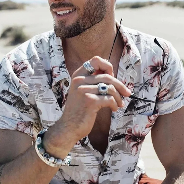 New Hot Men's Shirt White Hawaii Casual Beach Print Short Sleeve