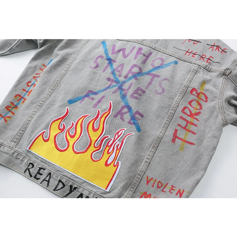 

Flame Smiley Graffiti Print Denim Jacket Men Hip Hop Casual Ripped Distressed Jeans Jackets Male Streetwear Coat Fashion Tops