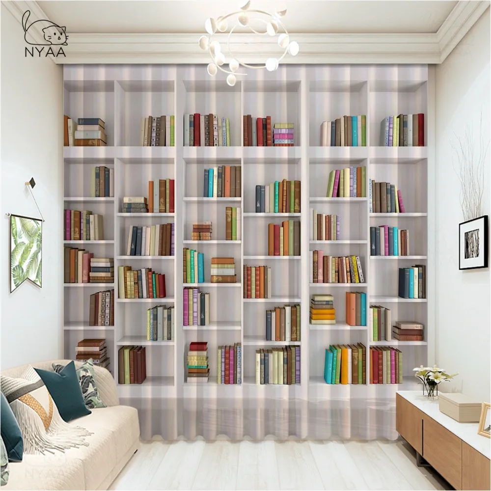 

3D Stereoscopic Curtains Wooden Bookshelf Library Books Fabric Polyester Blackout Window Drapes Indoor Decor Sets Micro-Shading