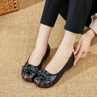large size 42 black genuine leather flats women round toe knot flat shoes ladies slides flats shoes woman slip on shoes rose