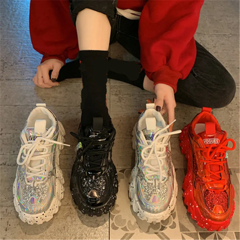 

2020 Spring Women's Rhinestone Bling Chunky Platform Sneakers Women Trainers Fashion Ladies Dad Shoes Tenis Footwear Black Red